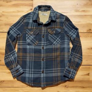 Sonoma Boys Flannel Shirt Jacket Size M / 10 Navy Blue Brown Plaid Barn Sherpa